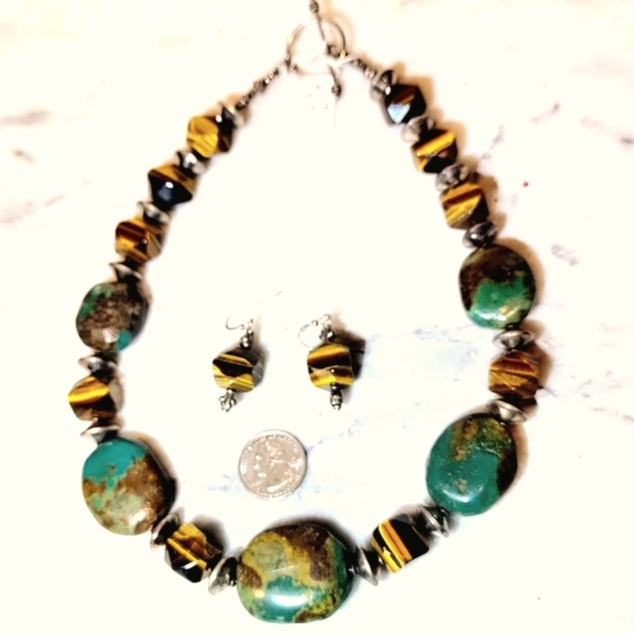 Chunky Turquoise Tiger Eye Sterling 925 Necklace 20" earrings set - Picture 5 of 7